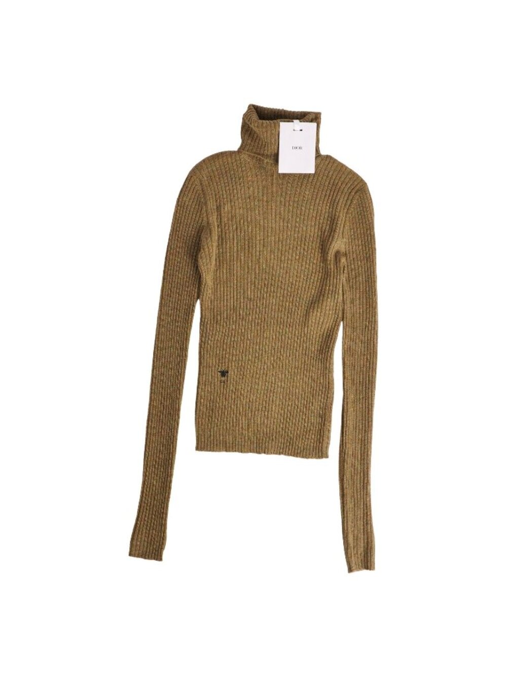 Dior Knit Sweater Turtleneck Long Sleeve Bee Embroidery Top Cashmere Khaki US 2